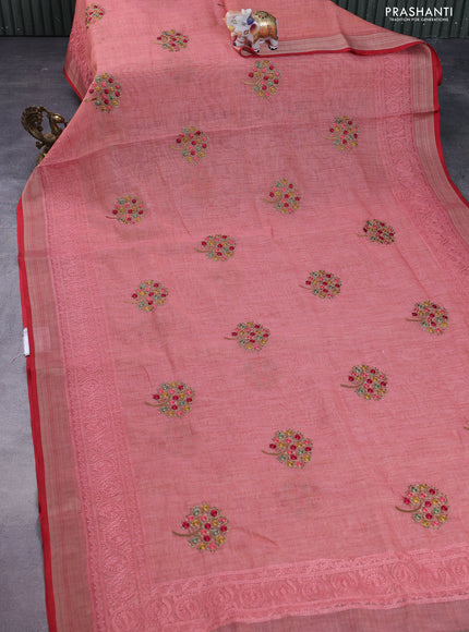 linen cotton saree peach shade and red with embroidery buttas and zari woven border