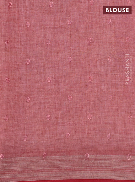 linen cotton saree peach shade and red with embroidery buttas and zari woven border
