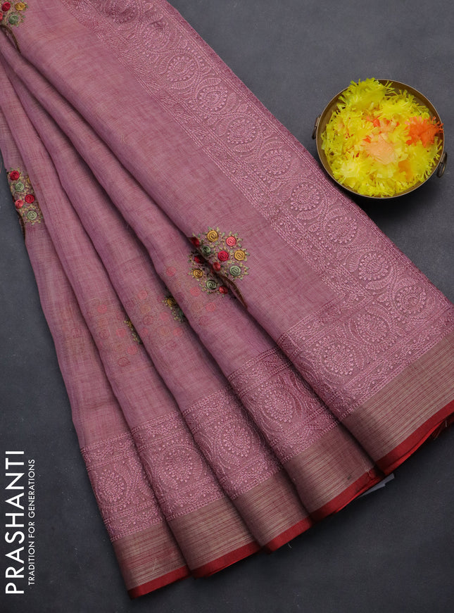 linen cotton saree pastel pink and red with embroidery buttas and zari woven border
