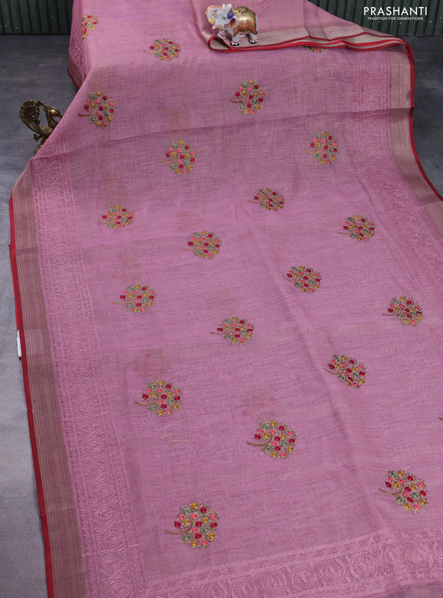 linen cotton saree pastel pink and red with embroidery buttas and zari woven border