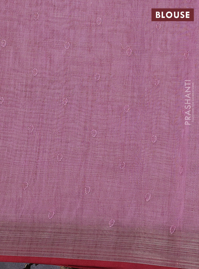 linen cotton saree pastel pink and red with embroidery buttas and zari woven border