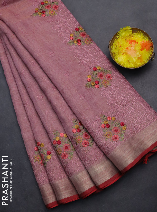 linen cotton saree pastel pink and red with allover embroidery work and zari woven border