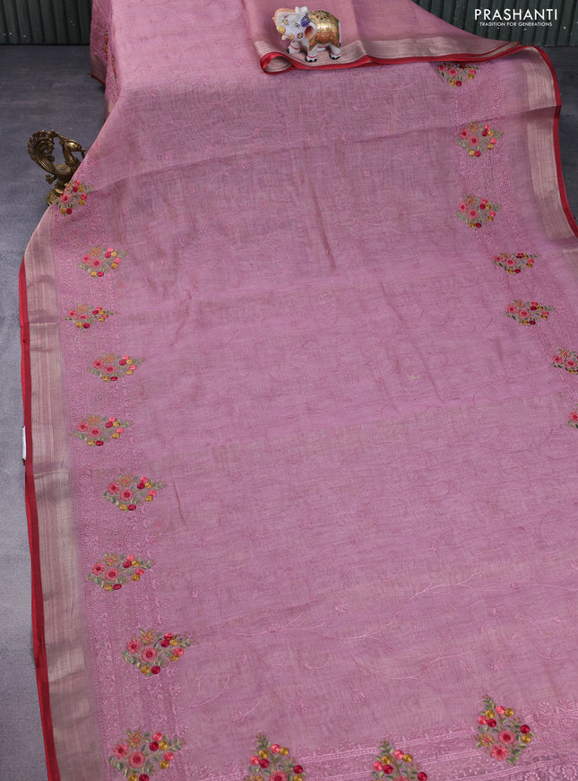 linen cotton saree pastel pink and red with allover embroidery work and zari woven border