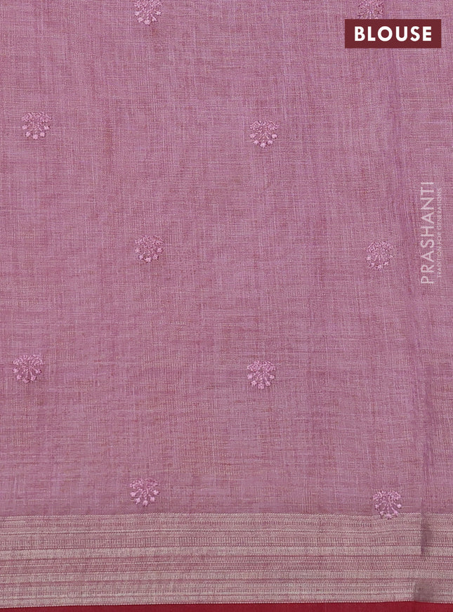linen cotton saree pastel pink and red with allover embroidery work and zari woven border