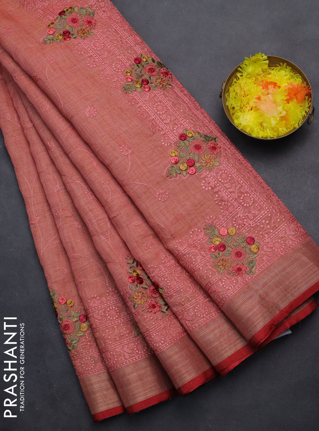 linen cotton saree peach shade and red with allover embroidery work and zari woven border