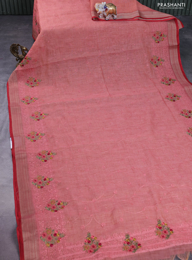 linen cotton saree peach shade and red with allover embroidery work and zari woven border