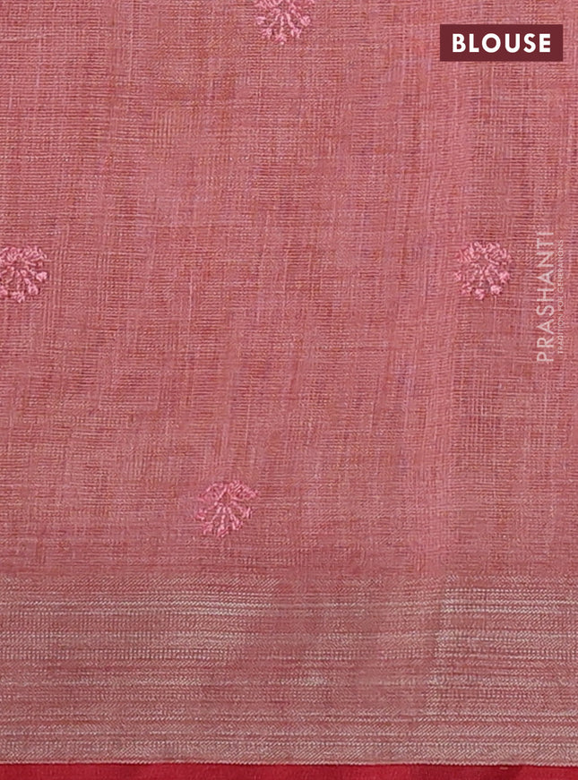 linen cotton saree peach shade and red with allover embroidery work and zari woven border