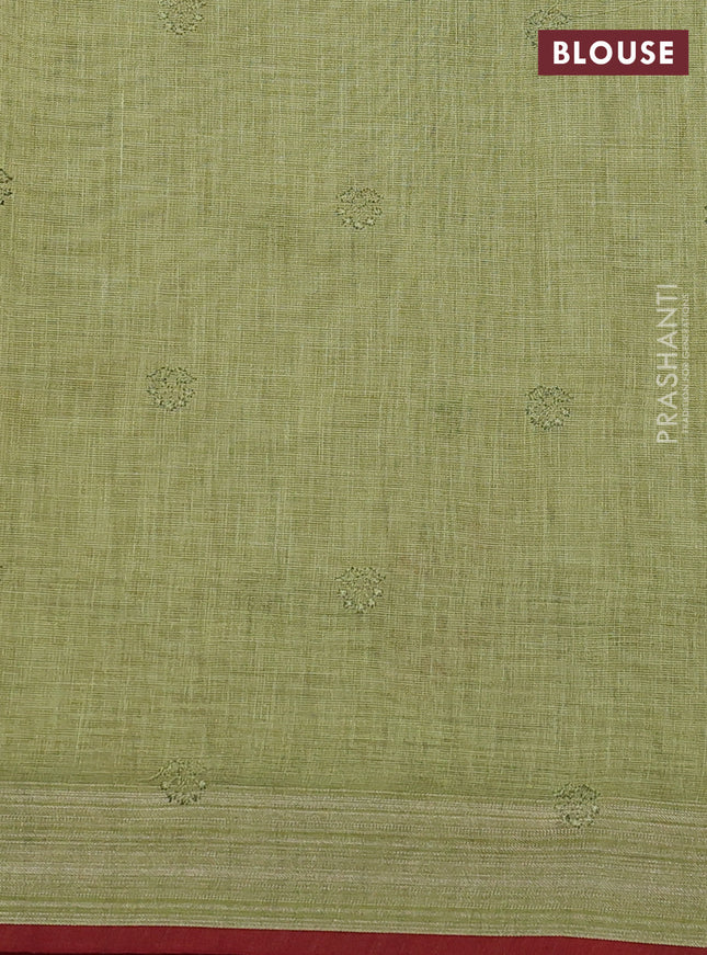 linen cotton saree light green and maroon with allover embroidery work and zari woven border