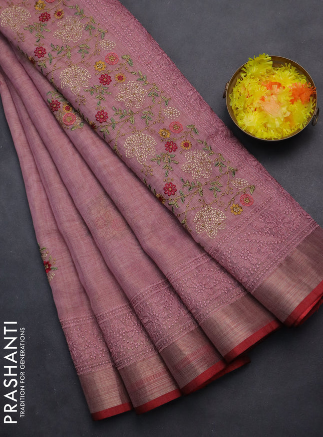 linen cotton saree pastel pink and red with embroidery buttas and zari woven border