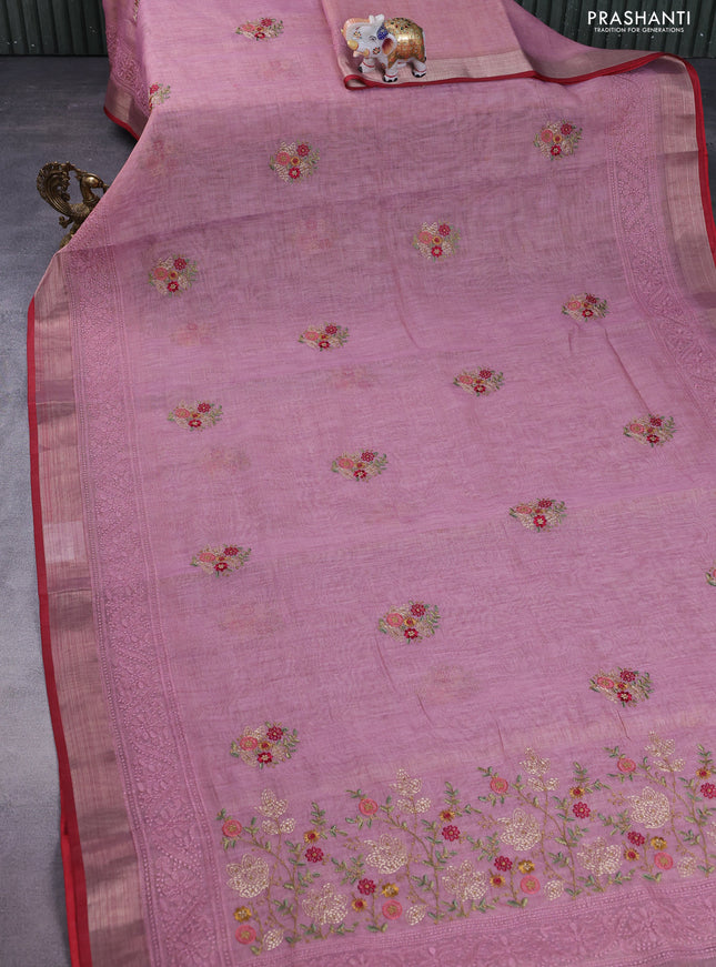 linen cotton saree pastel pink and red with embroidery buttas and zari woven border