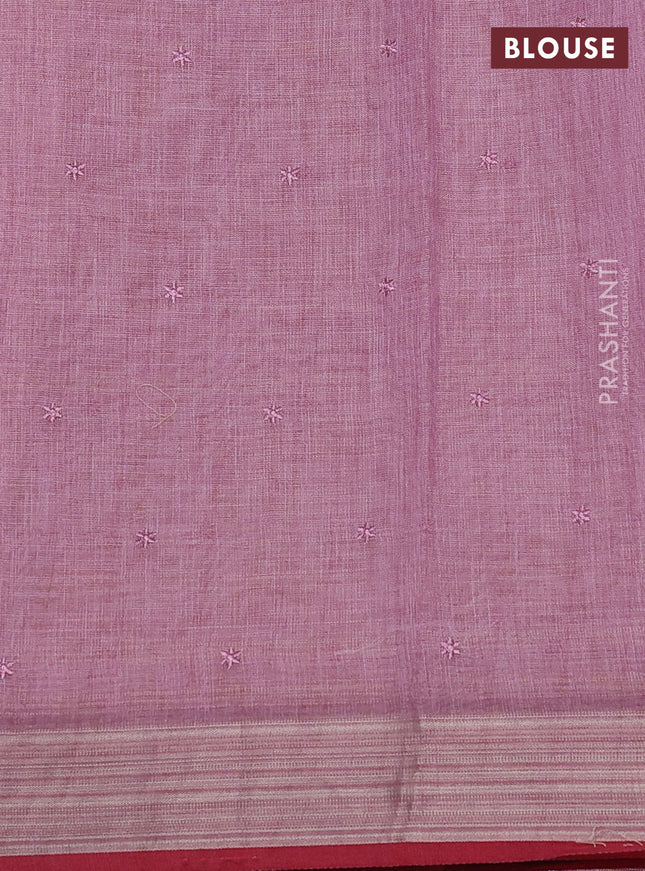 linen cotton saree pastel pink and red with embroidery buttas and zari woven border