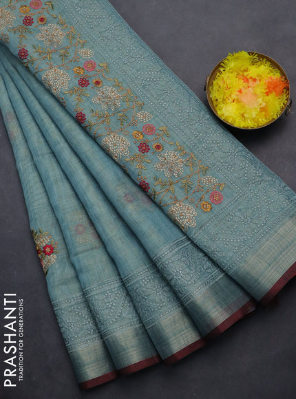 linen cotton saree pastel blue and maroon with embroidery buttas and zari woven border