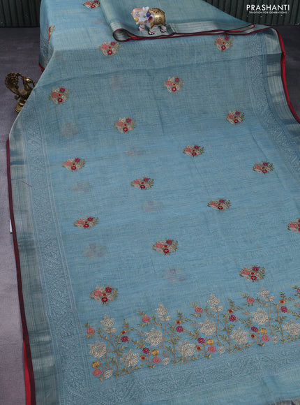 linen cotton saree pastel blue and maroon with embroidery buttas and zari woven border