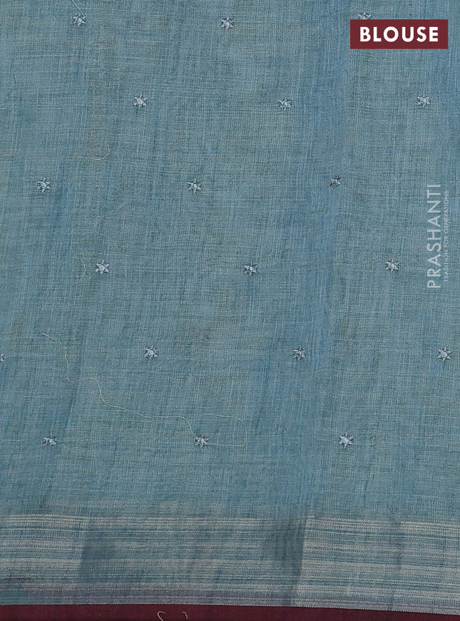 linen cotton saree pastel blue and maroon with embroidery buttas and zari woven border