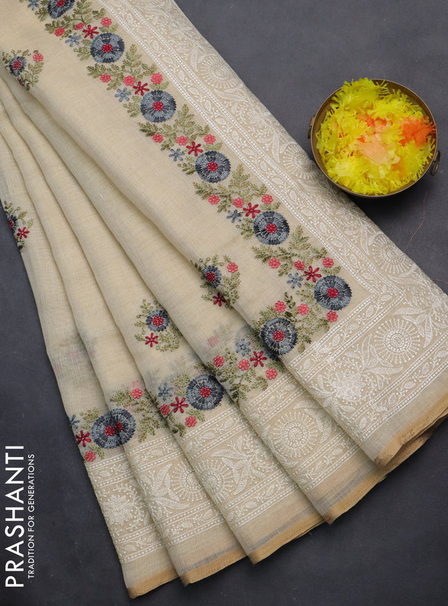 linen cotton saree cream and grey with floral embroidery buttas and embroidery border