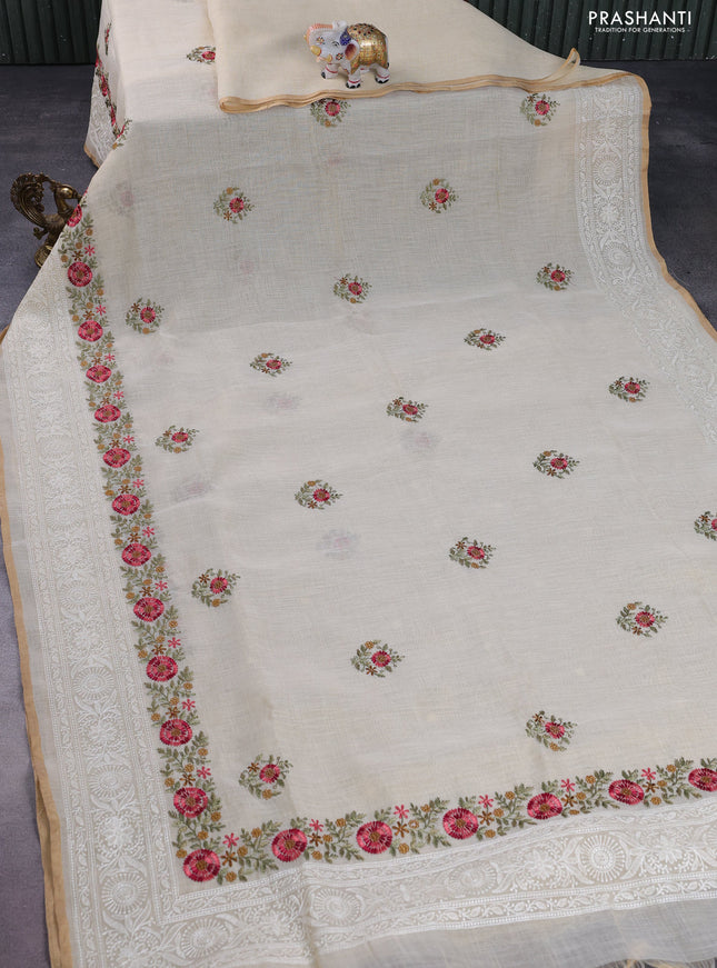 linen cotton saree cream and peach shade with floral embroidery buttas and embroidery border