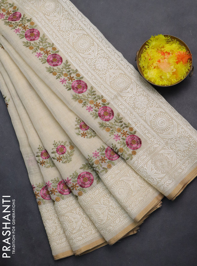 linen cotton saree cream and pink with floral embroidery buttas and embroidery border