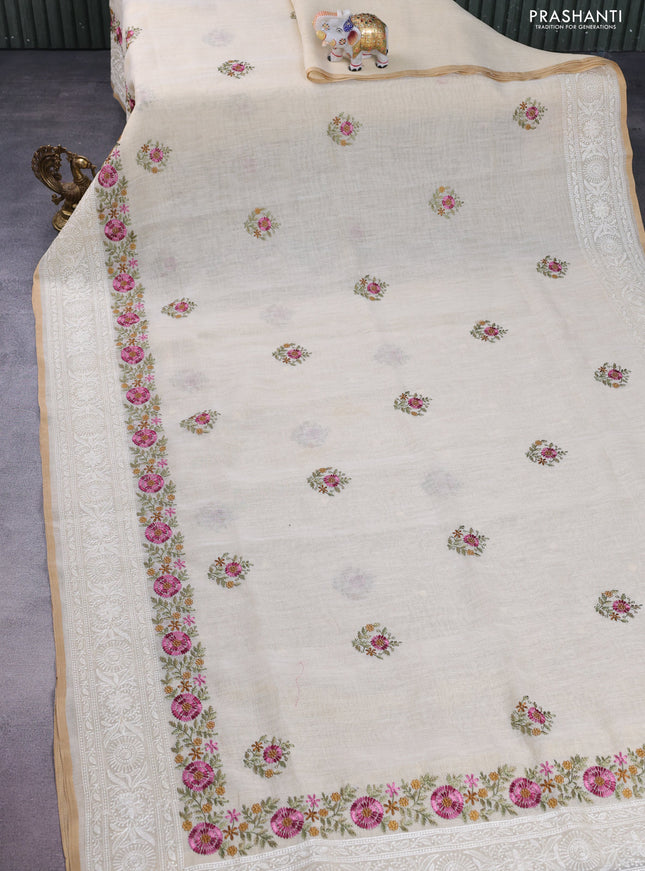 linen cotton saree cream and pink with floral embroidery buttas and embroidery border