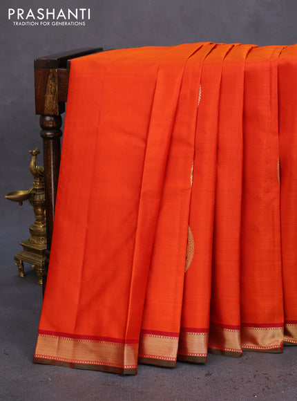 Pure kanchipuram silk saree orange and green with zari woven buttas and zari woven border