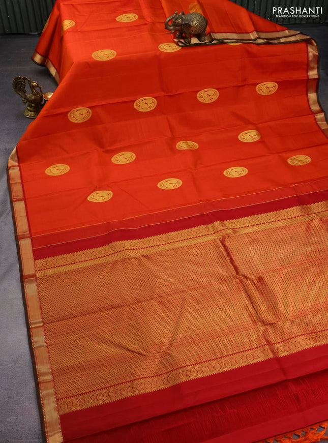 Pure kanchipuram silk saree orange and green with zari woven buttas and zari woven border