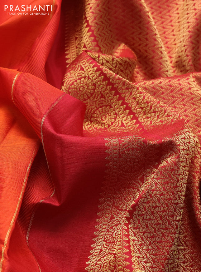Pure kanchipuram silk saree orange and green with zari woven buttas and zari woven border