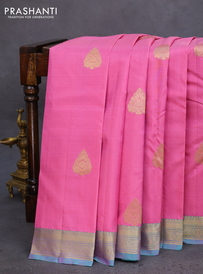 Pure kanchipuram silk saree light pink and dual shade of green with allover vairosi pattern & zari buttas and zari woven border