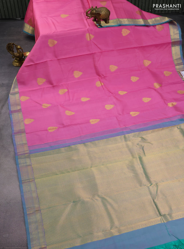 Pure kanchipuram silk saree light pink and dual shade of green with allover vairosi pattern & zari buttas and zari woven border