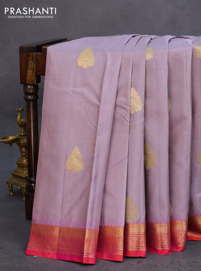 Pure kanchipuram silk saree grey and dual shade of pinkish orange with allover vairosi pattern & zari buttas and zari woven border