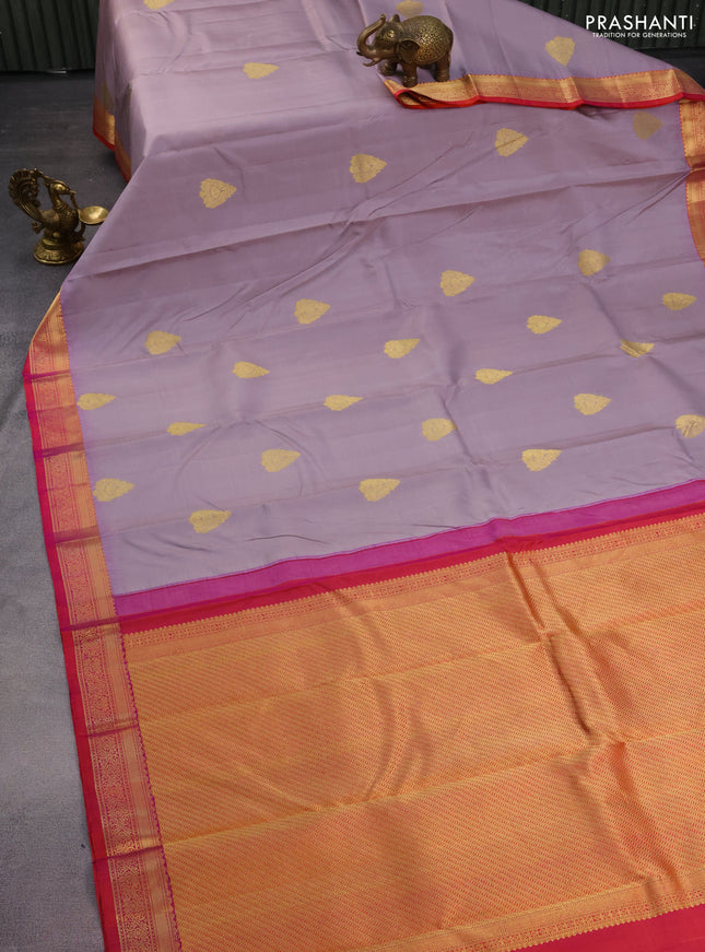 Pure kanchipuram silk saree grey and dual shade of pinkish orange with allover vairosi pattern & zari buttas and zari woven border
