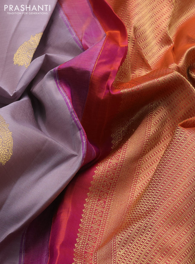 Pure kanchipuram silk saree grey and dual shade of pinkish orange with allover vairosi pattern & zari buttas and zari woven border