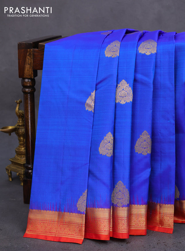 Pure kanchipuram silk saree blue and dual shade of pinkish orange with allover vairosi pattern & zari buttas and zari woven border