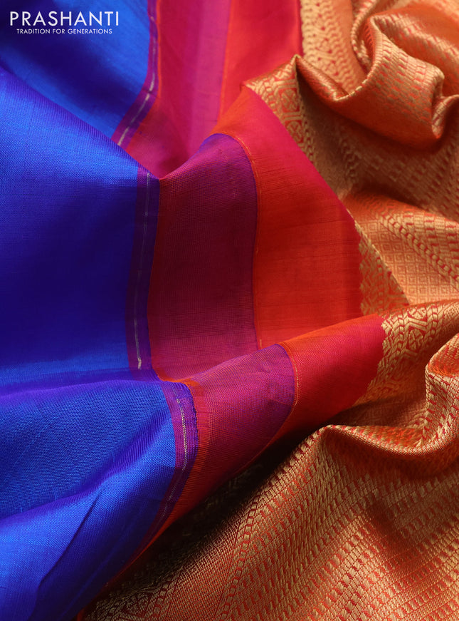 Pure kanchipuram silk saree blue and dual shade of pinkish orange with allover vairosi pattern & zari buttas and zari woven border