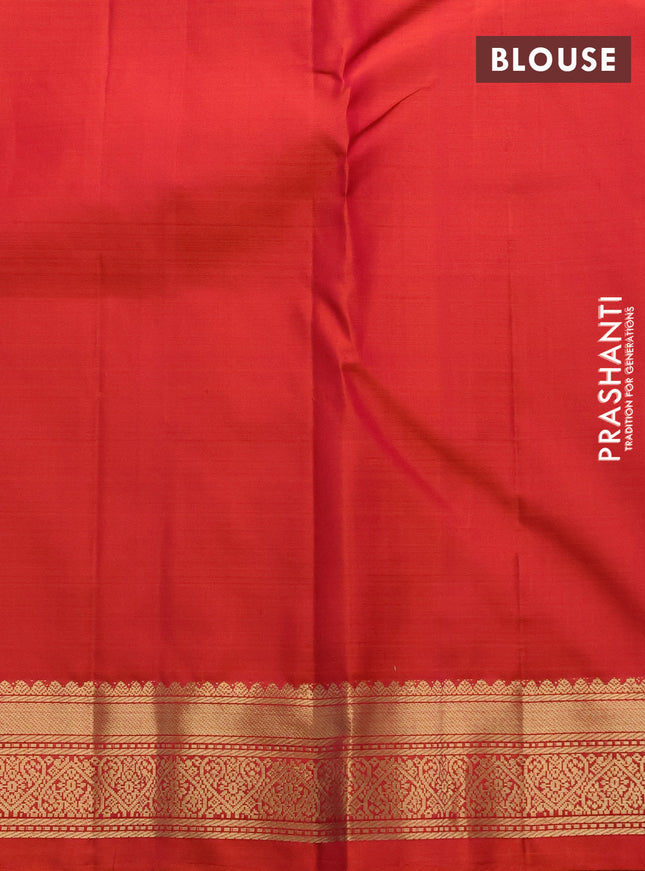 Pure kanchipuram silk saree blue and dual shade of pinkish orange with allover vairosi pattern & zari buttas and zari woven border