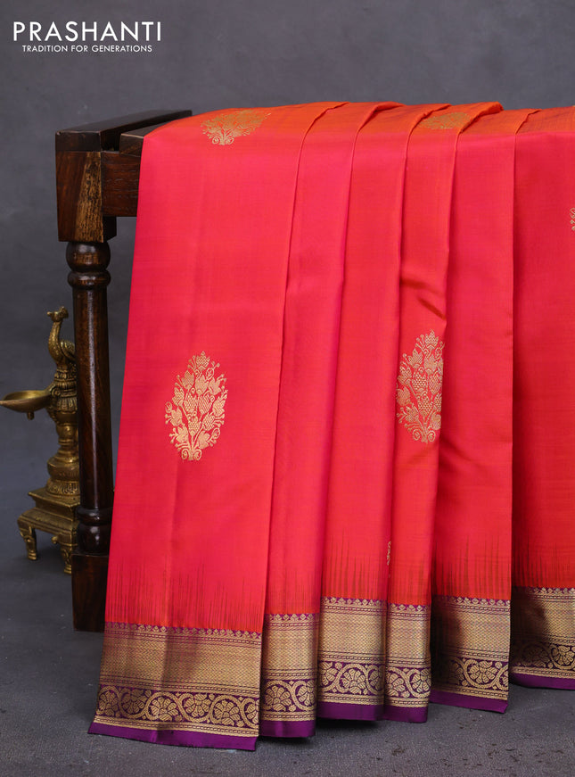 Pure kanchipuram silk saree dual shade of pinkish orange and deep purple with allover vairosi pattern & zari buttas and zari woven border