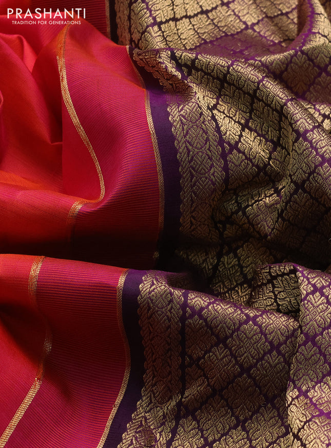 Pure kanchipuram silk saree dual shade of pinkish orange and deep purple with allover vairosi pattern & zari buttas and zari woven border