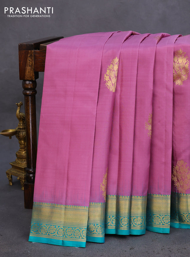 Pure kanchipuram silk saree mauve pink and teal green with allover vairosi pattern & zari buttas and zari woven border
