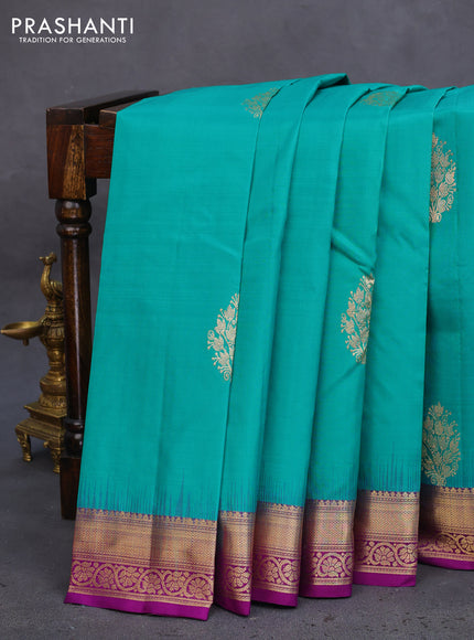 Pure kanchipuram silk saree teal blue and purple with allover vairosi pattern & zari buttas and zari woven border
