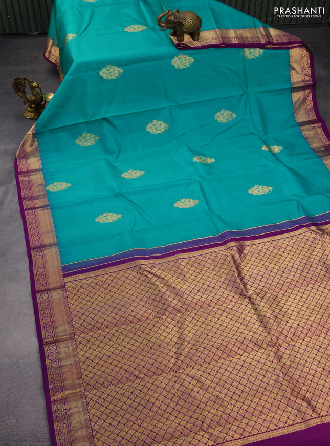 Pure kanchipuram silk saree teal blue and purple with allover vairosi pattern & zari buttas and zari woven border