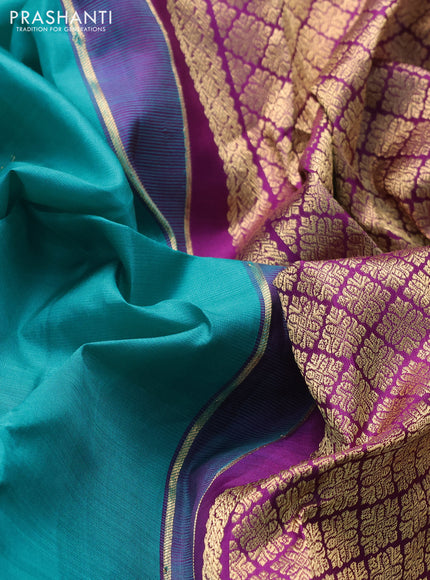 Pure kanchipuram silk saree teal blue and purple with allover vairosi pattern & zari buttas and zari woven border
