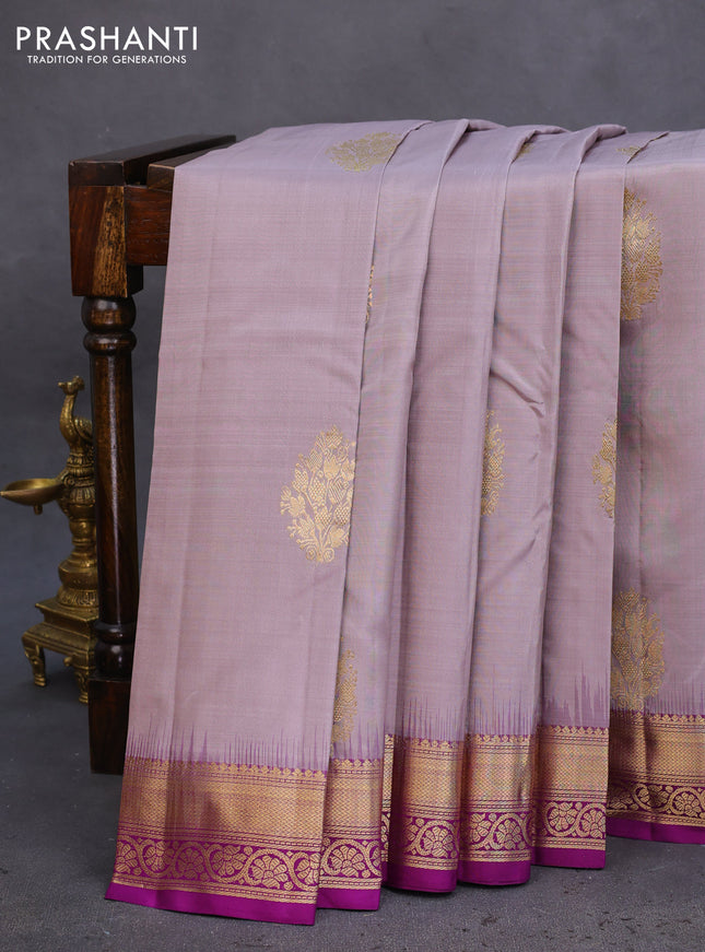Pure kanchipuram silk saree grey and purple with allover vairosi pattern & zari buttas and zari woven border