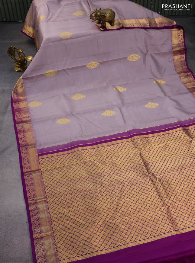 Pure kanchipuram silk saree grey and purple with allover vairosi pattern & zari buttas and zari woven border