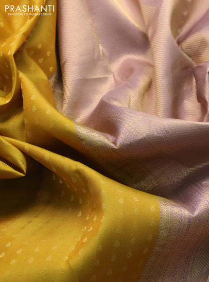 Pure kanchipuram silk saree mustard yellow and grey shade with allover zari woven 1000 buttas and temple design simple korvai border