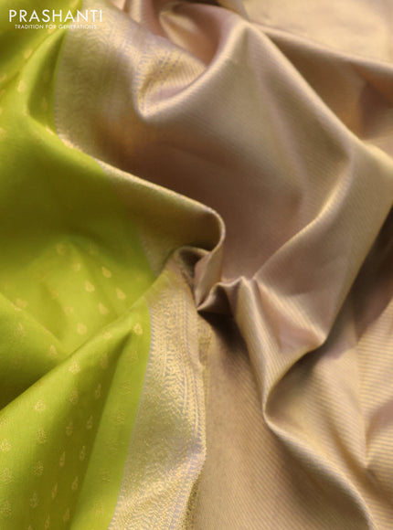 Pure kanchipuram silk saree light green and grey shade with allover zari woven 1000 buttas and temple design simple korvai border