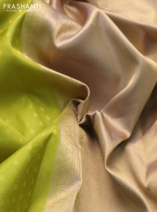 Pure kanchipuram silk saree light green and grey shade with allover zari woven 1000 buttas and temple design simple korvai border