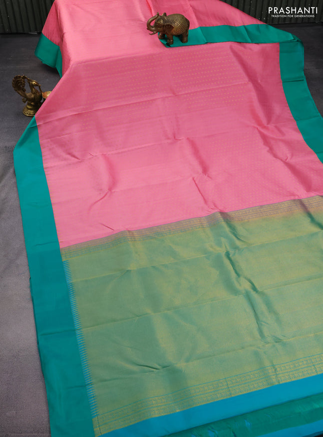 Pure kanchipuram silk saree peach pink and teal green with allover zari woven 1000 buttas and temple design simple korvai border