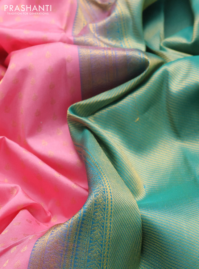 Pure kanchipuram silk saree peach pink and teal green with allover zari woven 1000 buttas and temple design simple korvai border