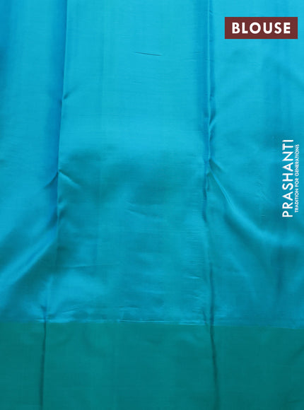 Pure kanchipuram silk saree peach pink and teal green with allover zari woven 1000 buttas and temple design simple korvai border