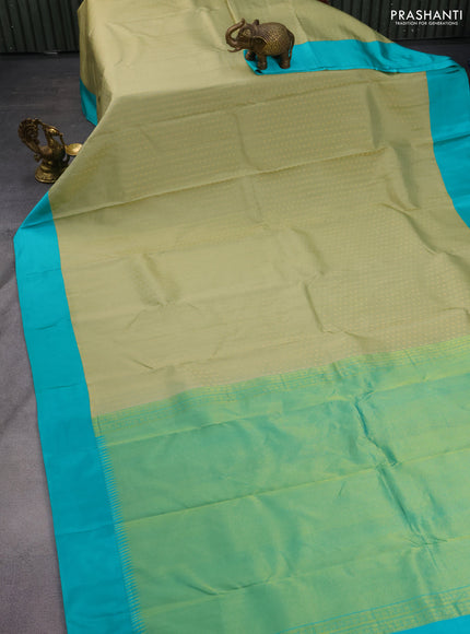 Pure kanchipuram silk saree pastel green and teal blue with allover zari woven 1000 buttas and temple design simple korvai border