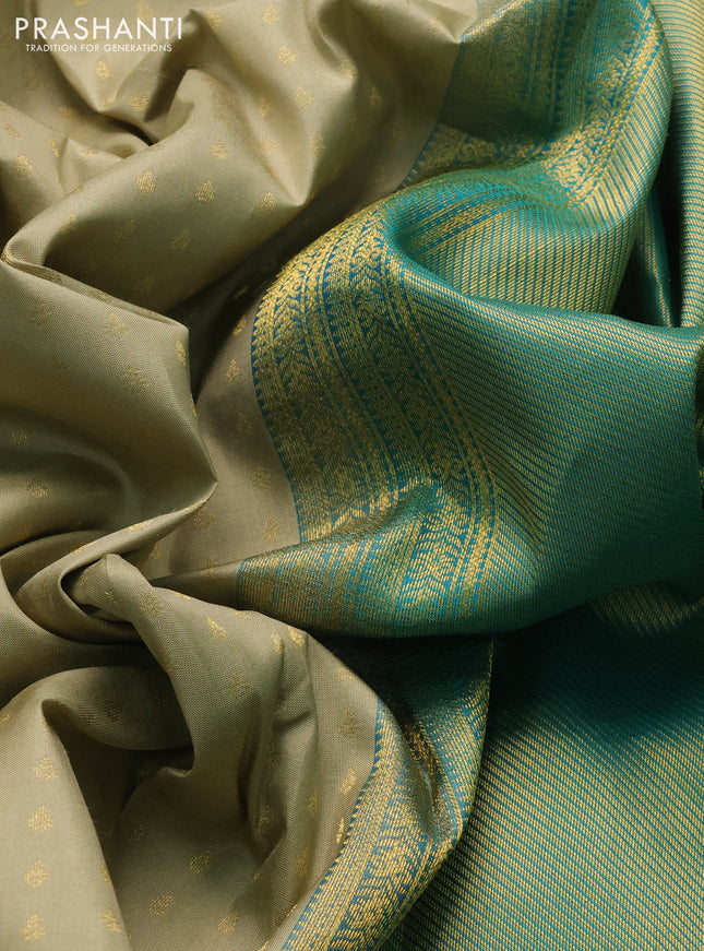 Pure kanchipuram silk saree elaichi green and teal green with allover zari woven 1000 buttas and temple design simple korvai border