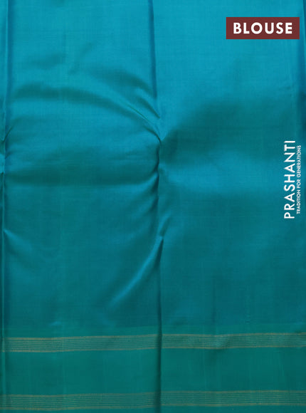 Pure kanchipuram silk saree elaichi green and teal green with allover zari woven 1000 buttas and temple design simple korvai border